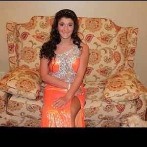 Tight fit Orange sparkle shear back prom dress
